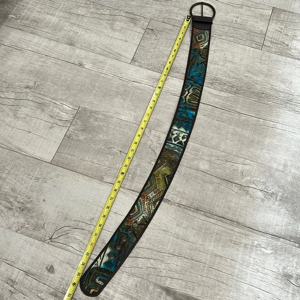 Chicos Faux Leather Trim Fabric Front Belt Round Buckle Teal Abstract Print Sz S